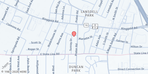 Map showing East Ridge Community Food Pantry at 1601 Prater Rd, East Ridge, TN