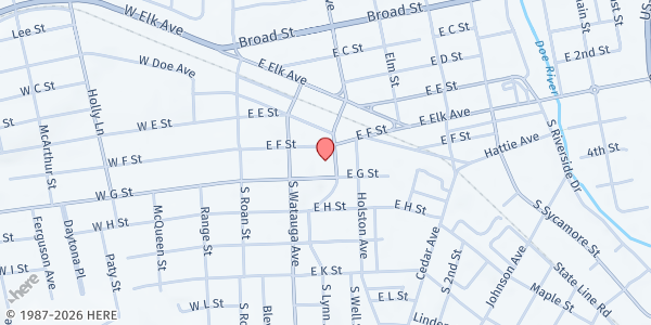 Map showing First Baptist Church at 212 E F St, Elizabethton, TN