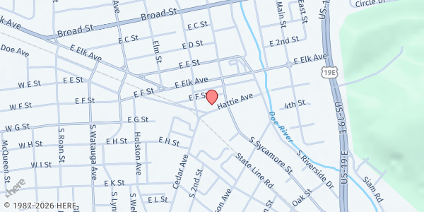 Map showing First Christian Church at 513 Hattie Ave, Elizabethton, TN
