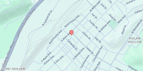 Map showing First Baptist Church at 200 Love St, Erwin, TN