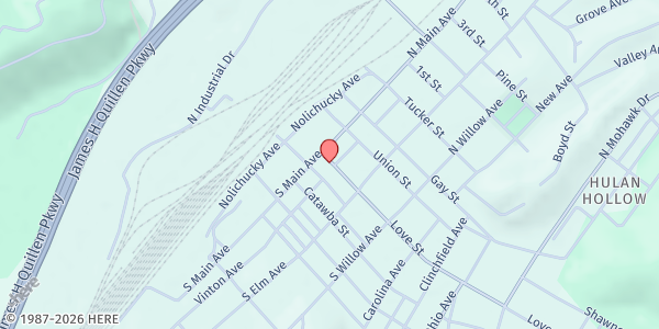 Map showing First Baptist Church at 200 Love St, Erwin, TN