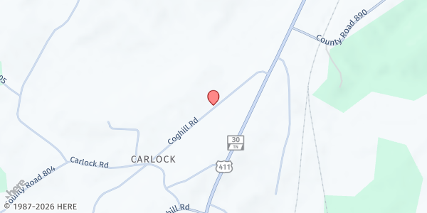 Map showing Carlock United Methodist Church at 234 Co Rd 849, Etowah, TN