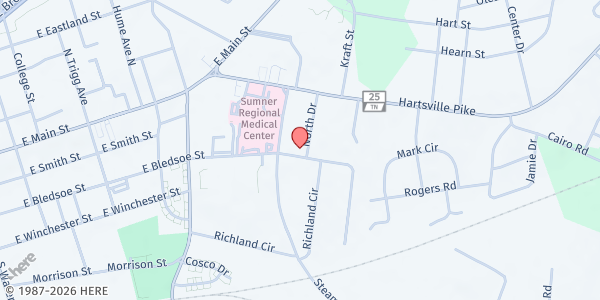 Map showing Gallatin Cares Food Pantry at 330 N. Durham Road, Gallatin, TN