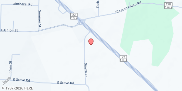 Map showing Gleason Cumberland Presbyterian Church at 171 Smyth Ln, Gleason, TN