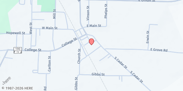 Map showing Gleason First Baptist Church at 301 S. Cedar St., Gleason, TN