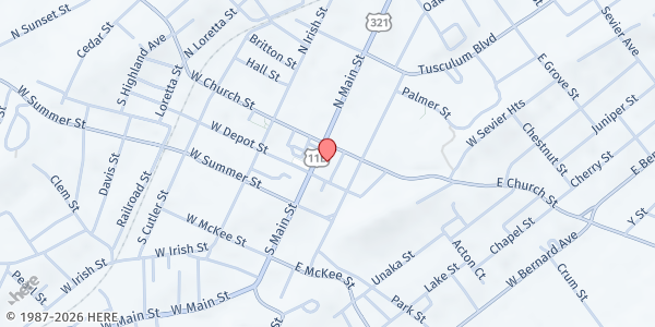 Map showing First Presbyterian Church at 110 N. Main Street, Greeneville, TN