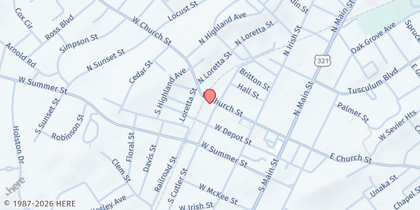 Map showing Greeneville Community Ministries at 107 N. Cutler St., Greeneville, TN