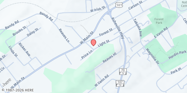 Map showing Woodridge Apartments at 1001 Light St, Greeneville, TN