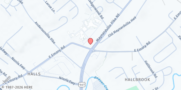 Map showing Halls Welfare Ministry at 4329 E. Emory Road, Hallbrook, TN