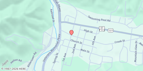 Map showing Deliverance Church of God at 401 1st Ave, Hampton, TN
