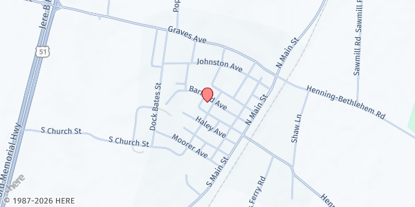 Map showing AFOM- Morning Manna Food Pantry at 160 N Church Street, Henning, TN