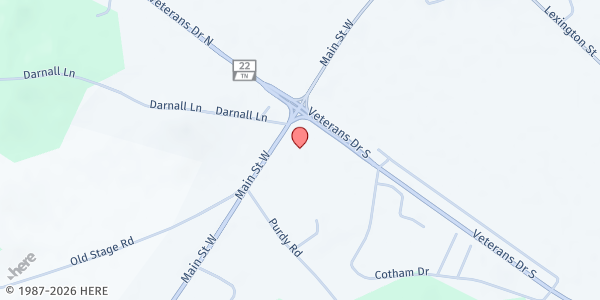 Map showing Huntingdon Church of Christ at 18900 West Main St., Huntingdon, TN