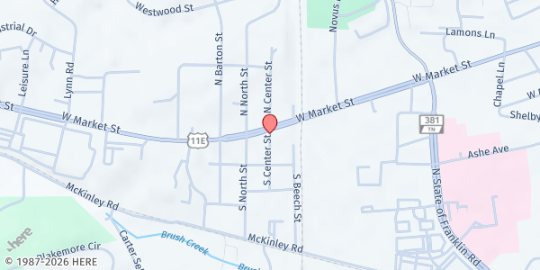 Map showing Antioch Baptist Church at 714 W S Center St, Johnson City, TN