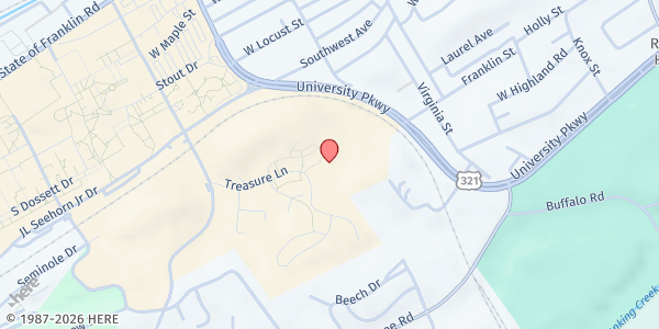 Map showing Bucky's Food Pantry (ETSU) at 325 Treasure Lane, Johnson City, TN