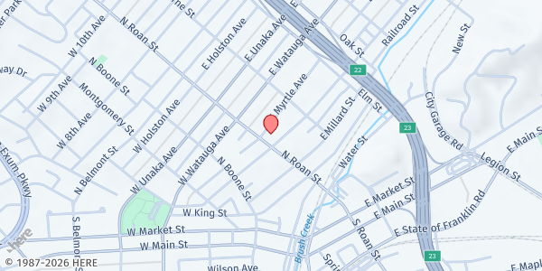 Map showing St John's Episcopal Church at 500 N Roan St, Johnson City, TN