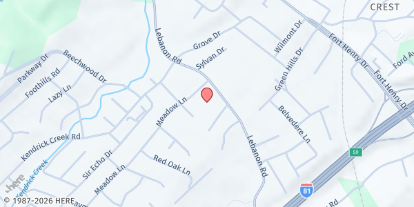 Map showing Colonial Heights Christian Church at 105 Meadow Ln, Kingsport, TN