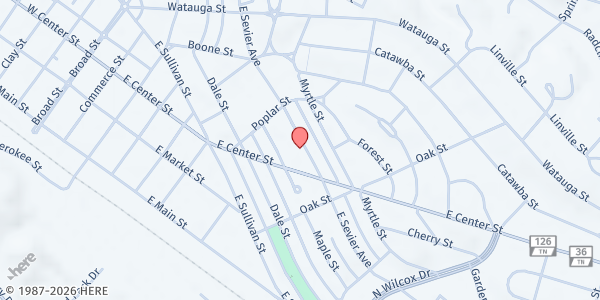 Map showing Full Gospel Mission Kitchen of Hope at 740 E. Sevier Ave., Kingsport, TN