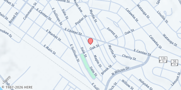 Map showing Maple Oak Apartments at 818 Oak St, Kingsport, TN