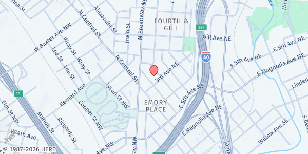 Map showing Central United Methodist at 201 3rd Avenue, Knoxville, TN