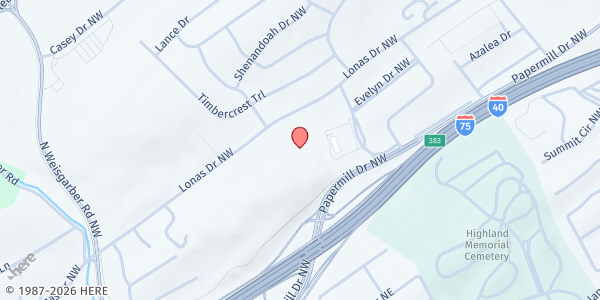 Map showing City Hills Church - Papermill Location at 1501 Kirby Rd, Knoxville, TN