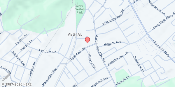 Map showing FISH Hospitality Pantry – South Knoxville at 155 Ogle Street, Knoxville, TN