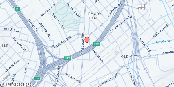 Map showing Knox Area Rescue Ministries - Knoxville at 418 N Broadway, Knoxville, TN