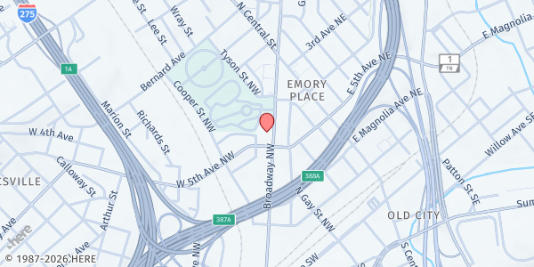 Map showing Volunteer Ministry Center at 511 N Broadway, Knoxville, TN