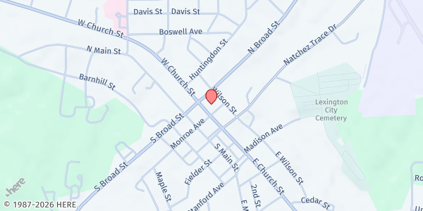 Map showing Food Pantry of First United Methodist Church at 27 East Church Street, Lexington, TN