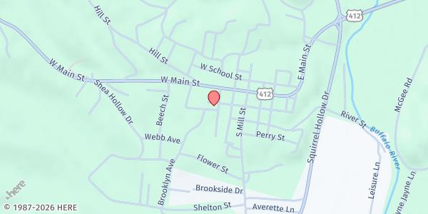 Map showing Perry Co. Food Bank Plus at 111 Brooklyn Ave, Linden, TN