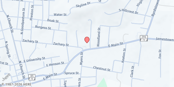 Map showing First Baptist Church - Love Thy Neighbor Food Pantry at 708 E. Main Street, Livingston, TN