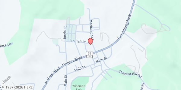 Map showing Lynchburg First UMC at 65 Mechanic St., Lynchburg, TN