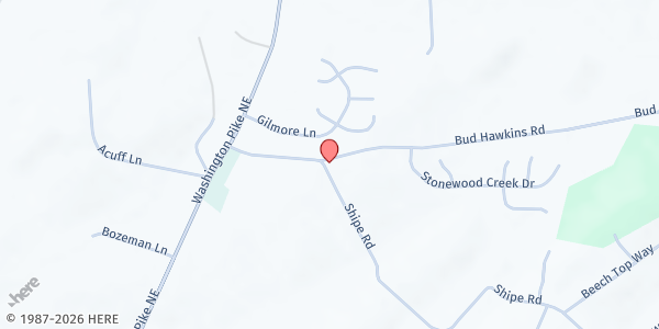 Map showing New Hope Baptist Church at 7602 Bud Hawkins Rd., Maloneyville, TN