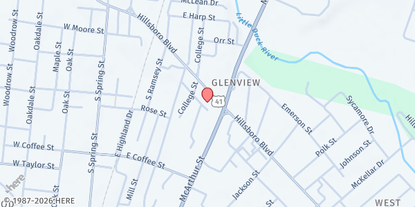 Map showing The Storehouse Food Pantry at 607 Hickerson Street, Manchester, TN