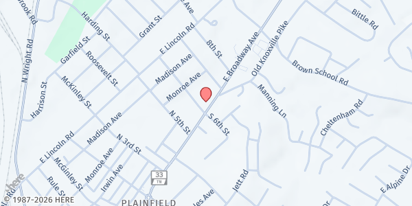 Map showing Chilhowee Baptist Center at 1905 E Broadway Ave, Maryville, TN