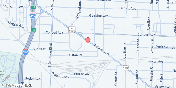 Map showing Barron Heights Transitional Center at 1385 Lamar Ave., Memphis, TN