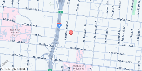 Map showing Mississippi Blvd Christian Church at 70 N. Bellevue Blvd., Memphis, TN