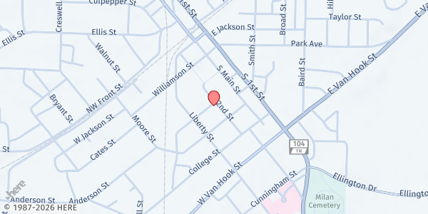 Map showing Milan Mustard Seed, Soup Kitchen at 2027 Second St., Milan, TN