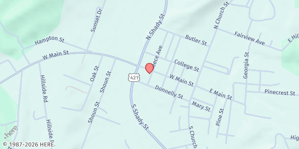 Map showing First Christian Church-MTC at 401 W Main St, Mountain City, TN