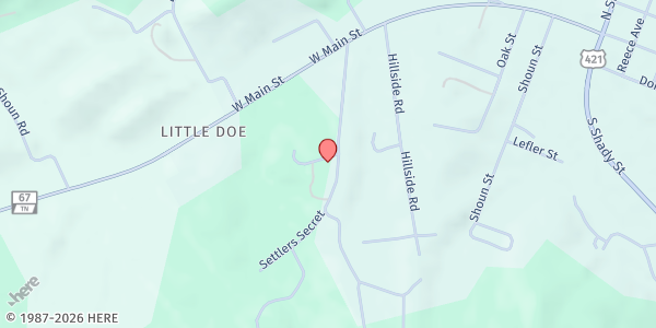 Map showing First Free Will Baptist Church at 336 Hemlock St, Mountain City, TN