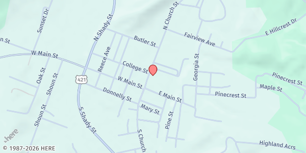 Map showing First United Methodist Church Mountain City at 129 N Church St, Mountain City, TN