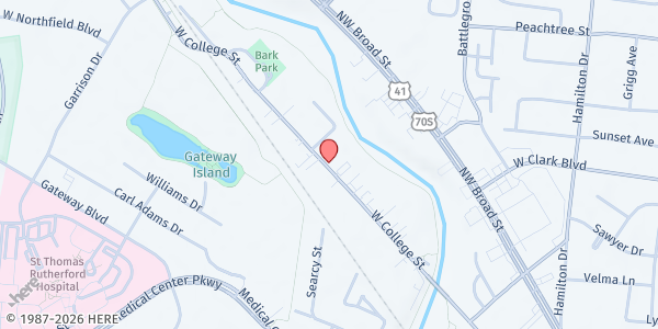 Map showing Mid-Cumberland Community Action Agency - Rutherford at 1406-A West College Street, Murfreesboro, TN