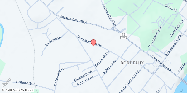 Map showing Bordeaux Church of Christ at 3715 John Mallete Dr., Nashville-Davidson, TN