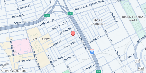 Map showing Jackson Street Missionary Baptist Church at 1209 Jackson St., Nashville-Davidson, TN