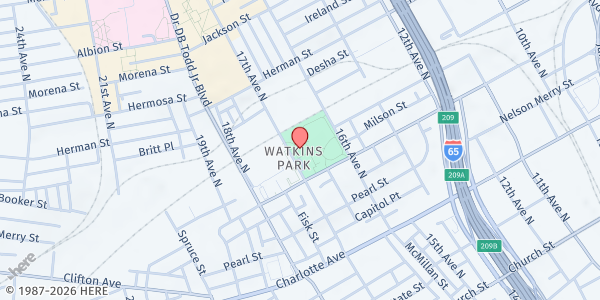 Map showing Watkins Park Community Center at 616 17th Ave. North, Nashville-Davidson, TN
