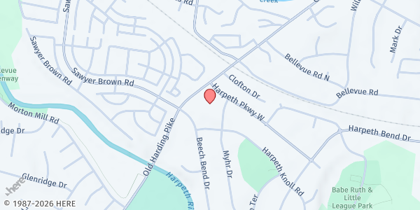 Map showing Bellevue Community Food Bank - Bellevue United Methodist Church at 7501 Old Harding Pike, Nashville, TN