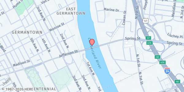 Map showing Jefferson Street Bridge at 1122 2nd Ave. N., Nashville, TN