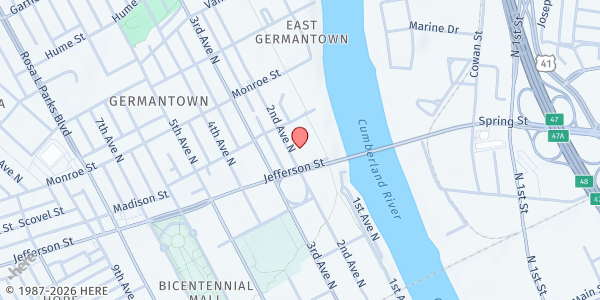 Map showing Mission 615 (serves at Jefferson St. Bridge) at 1122 2nd Ave. N., Nashville, TN