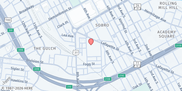 Map showing Nashville Rescue Mission Men's Campus at 639 Lafayette Street, Nashville, TN
