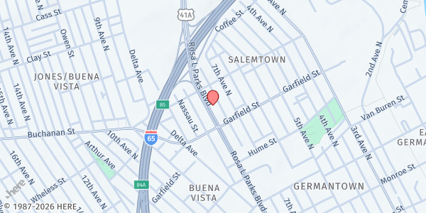 Map showing Nashville Rescue Mission Women & Children's Campus at 1716 Rosa L. Parks Blvd, Nashville, TN