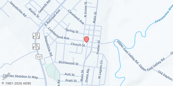 Map showing Bledsoe County Community Food Bank at 384 Cumberland St, Pikeville, TN